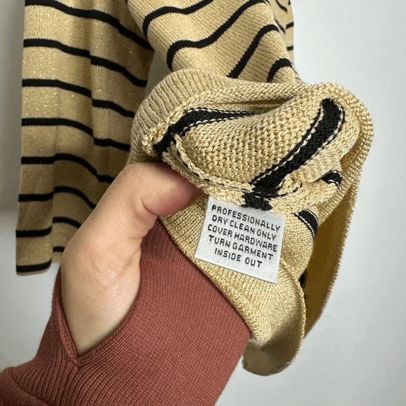 ST. JOHN santana knit striped sweater womens S tan black logo Lightweight - Picture 6 of 7